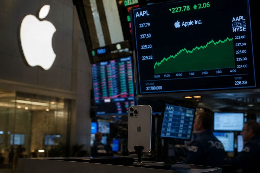 Monitor di Borsa in una sala di trading con il logo Apple ben visibile sullo sfondo