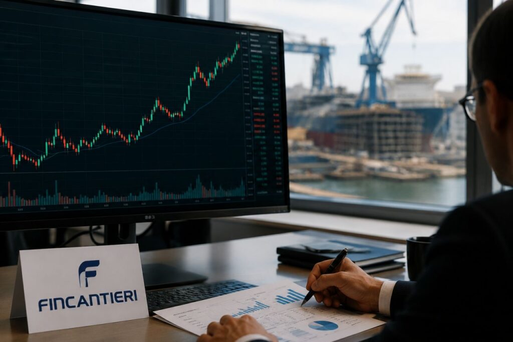 Analista osserva grafici finanziari davanti a un monitor, con un cantiere navale e una grande nave sullo sfondo; in primo piano &egrave; visibile il logo Fincantieri