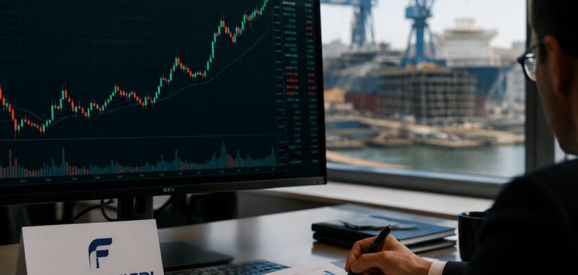 Analista osserva grafici finanziari davanti a un monitor, con un cantiere navale e una grande nave sullo sfondo; in primo piano è visibile il logo Fincantieri