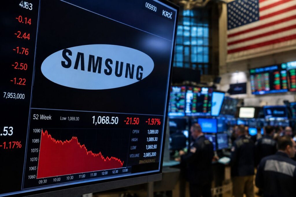Schermo con il logo Samsung e un grafico azionario in calo in primo piano, all'interno di una sala di contrattazione finanziaria con monitor e operatori sullo sfondo