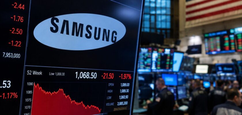 Schermo con il logo Samsung e un grafico azionario in calo in primo piano, all'interno di una sala di contrattazione finanziaria con monitor e operatori sullo sfondo