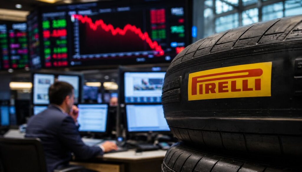 Pneumatico Pirelli in primo piano davanti a monitor di Borsa con grafici finanziari e operatore in una sala di trading