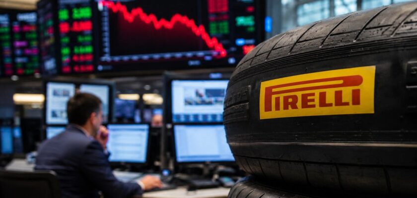 Pneumatico Pirelli in primo piano davanti a monitor di Borsa con grafici finanziari e operatore in una sala di trading