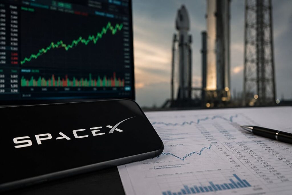 Smartphone con logo SpaceX su documenti finanziari, grafico azionario su monitor e razzo sullo sfondo