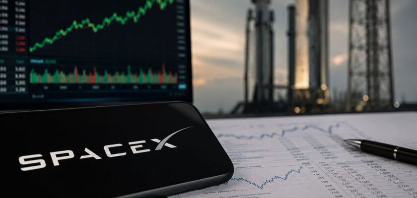 Smartphone con logo SpaceX su documenti finanziari, grafico azionario su monitor e razzo sullo sfondo