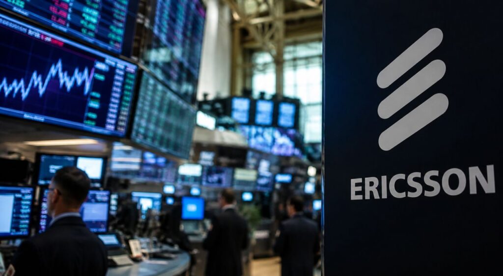 Logo Ericsson in primo piano accanto a monitor con grafici finanziari, all'interno di una moderna sala di contrattazione con operatori sullo sfondo