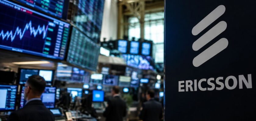 Logo Ericsson in primo piano accanto a monitor con grafici finanziari, all'interno di una moderna sala di contrattazione con operatori sullo sfondo