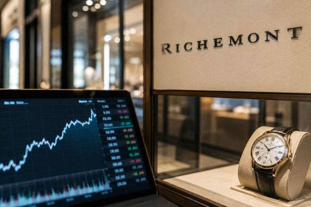 Negozio di orologi di lusso Richemont con un orologio in vetrina e un tablet che mostra un grafico azionario in rialzo