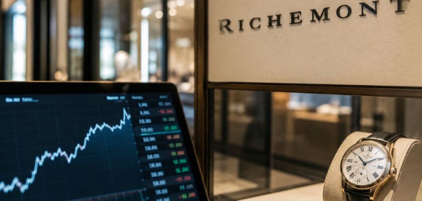 Negozio di orologi di lusso Richemont con un orologio in vetrina e un tablet che mostra un grafico azionario in rialzo