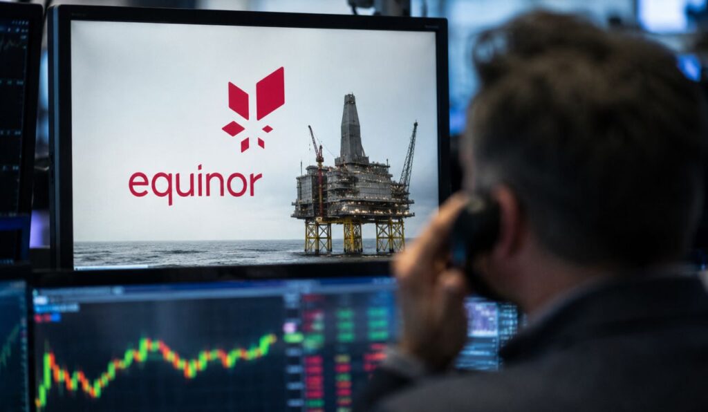 Operatore finanziario davanti a monitor con grafici di Borsa e immagine di una piattaforma petrolifera associata a Equinor