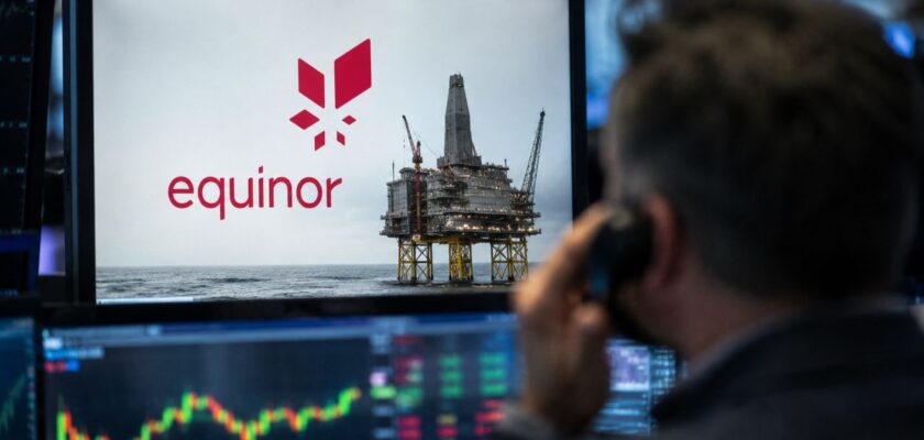 Operatore finanziario davanti a monitor con grafici di Borsa e immagine di una piattaforma petrolifera associata a Equinor