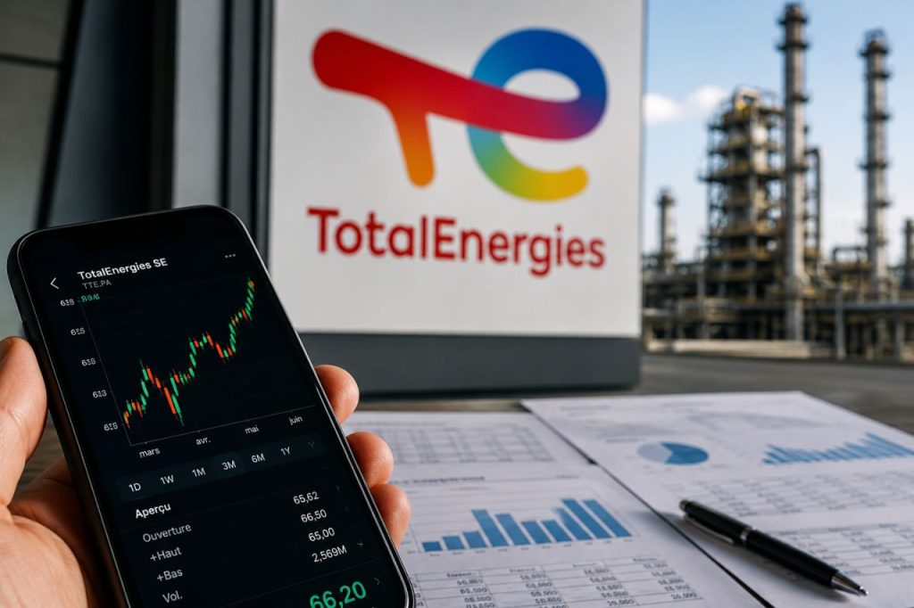 Smartphone con grafico azionario davanti a documenti finanziari, logo TotalEnergies e raffineria sullo sfondo