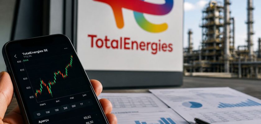 Smartphone con grafico azionario davanti a documenti finanziari, logo TotalEnergies e raffineria sullo sfondo