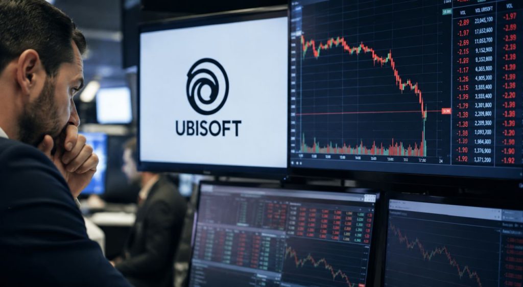 Trader osserva monitor con grafici di Borsa in ribasso e logo Ubisoft in una sala operativa finanziaria