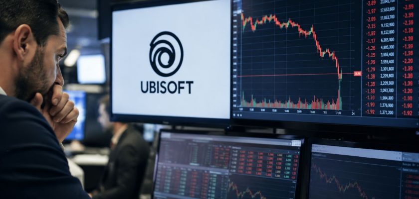 Trader osserva monitor con grafici di Borsa in ribasso e logo Ubisoft in una sala operativa finanziaria
