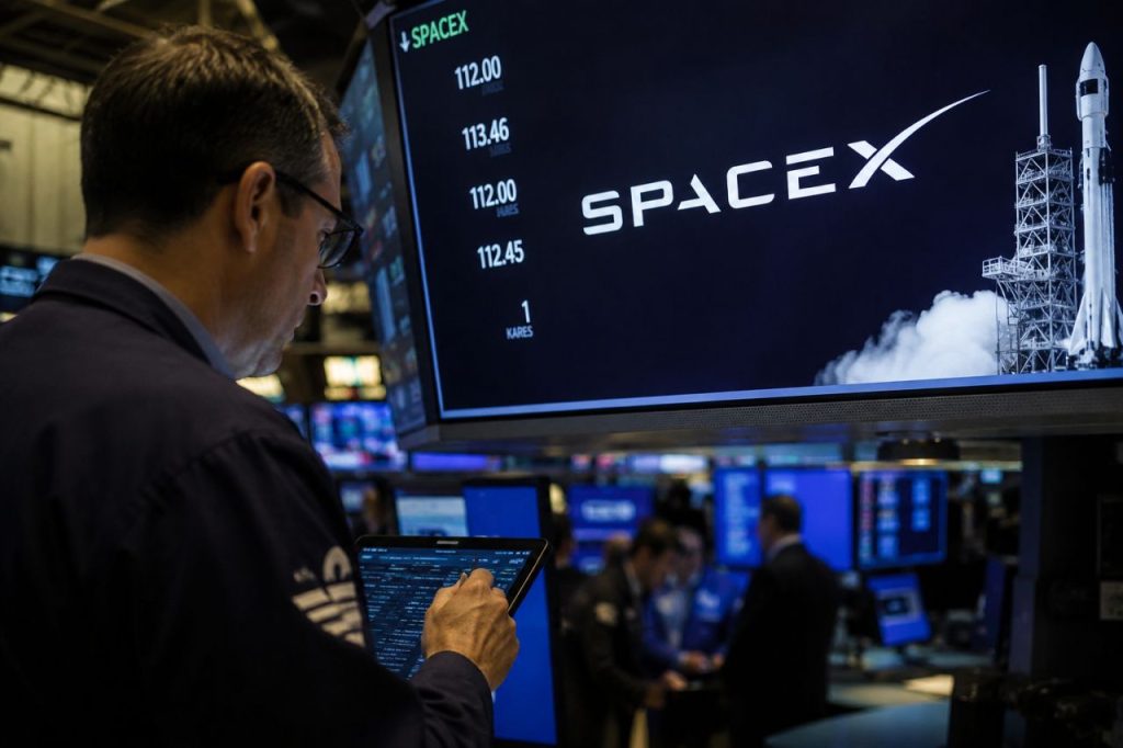 Operatore finanziario davanti a monitor con il logo SpaceX e un razzo, in una sala di trading