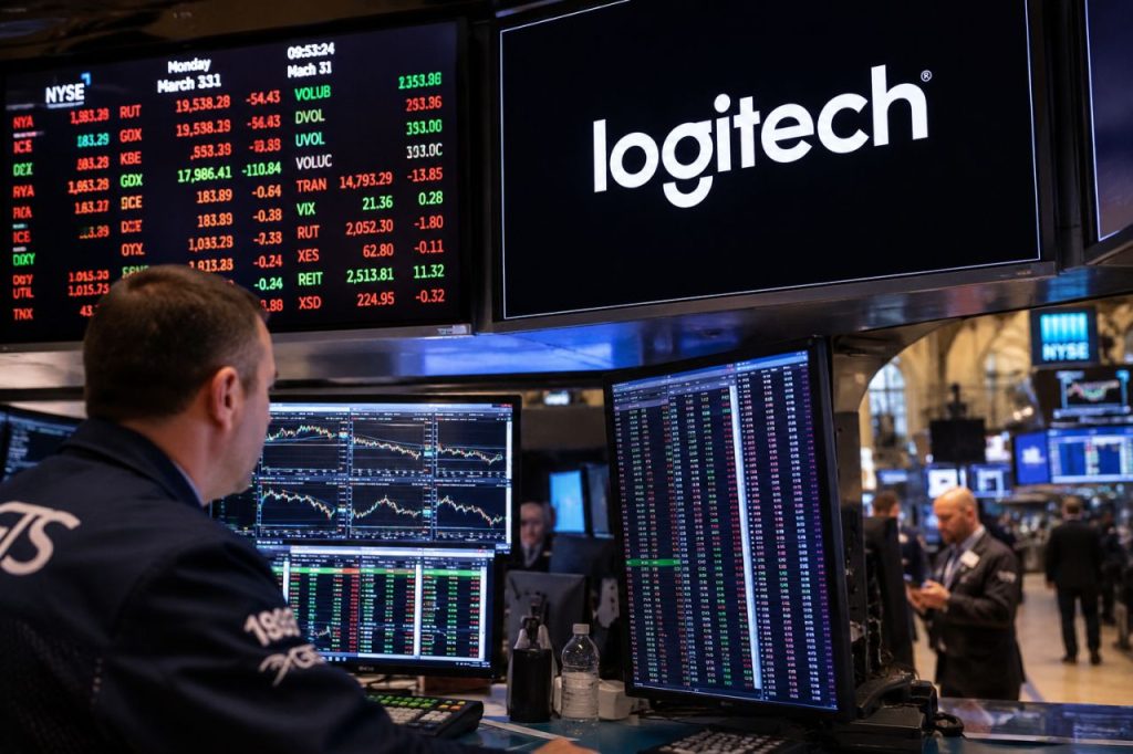 Trader davanti a monitor finanziari in una sala di Borsa, con display Logitech sullo sfondo e grafici di mercato