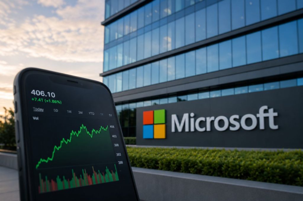 Smartphone con grafico azionario in primo piano davanti a un edificio Microsoft moderno