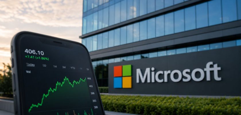 Smartphone con grafico azionario in primo piano davanti a un edificio Microsoft moderno