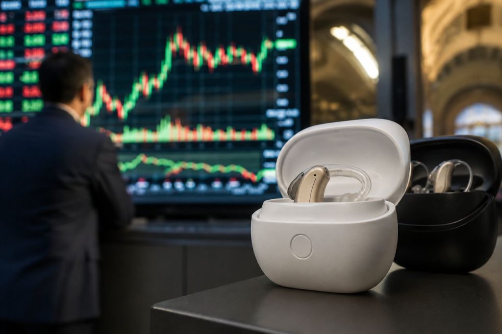 Apparecchi acustici su una scrivania davanti a monitor con grafici di Borsa e un operatore finanziario sullo sfondo