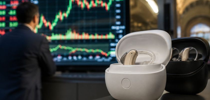 Apparecchi acustici su una scrivania davanti a monitor con grafici di Borsa e un operatore finanziario sullo sfondo