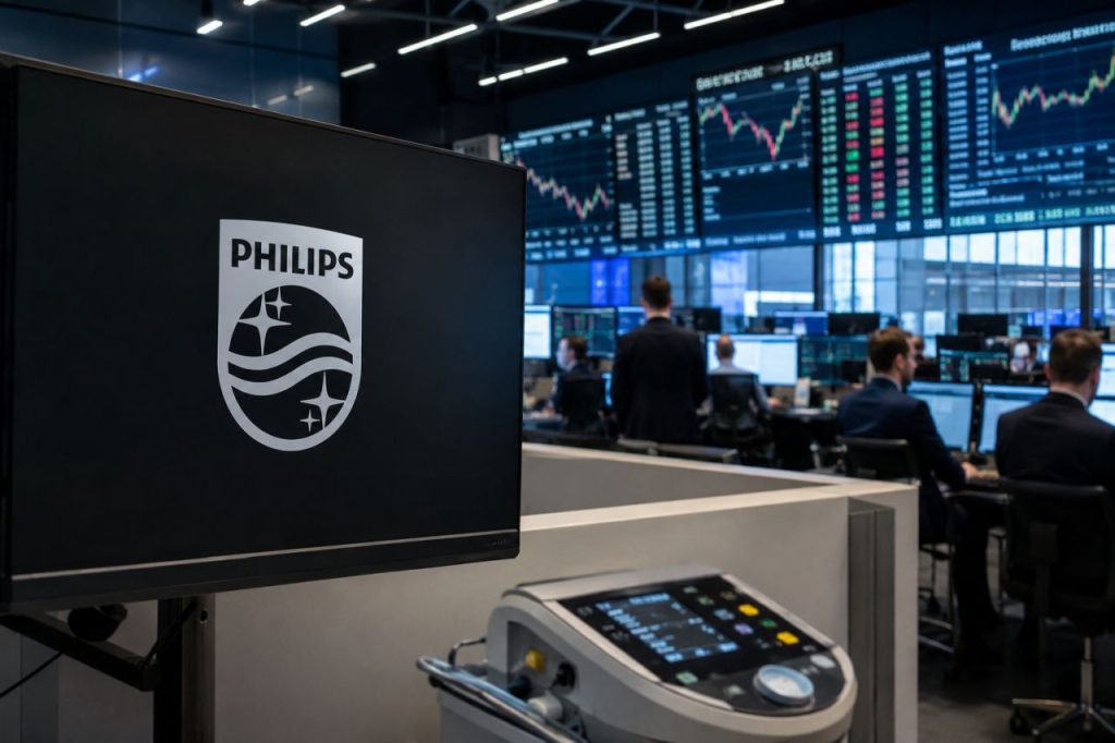 Monitor con logo Philips in una sala di trading, operatori ai computer e schermi con dati finanziari sullo sfondo