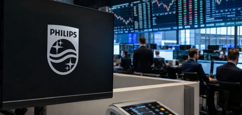 Monitor con logo Philips in una sala di trading, operatori ai computer e schermi con dati finanziari sullo sfondo