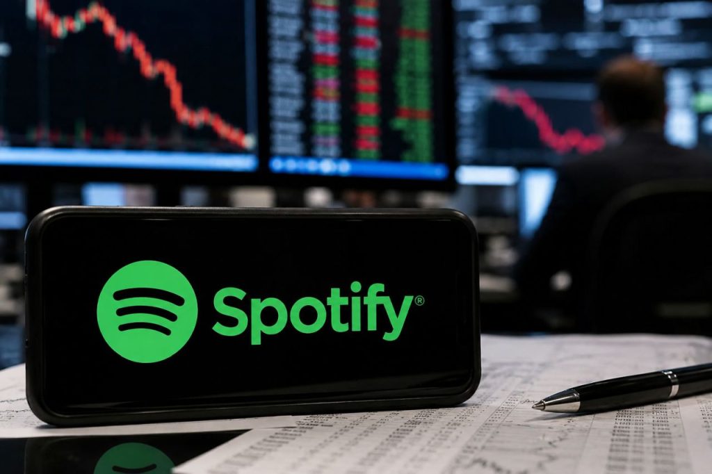 Smartphone con logo Spotify su documenti finanziari, davanti a monitor di Borsa con grafici in calo