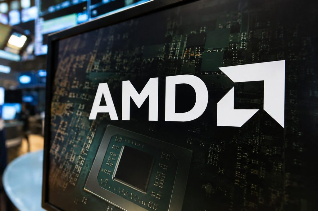 Trader in una sala di Borsa davanti a monitor finanziari, con logo AMD e microchip in primo piano