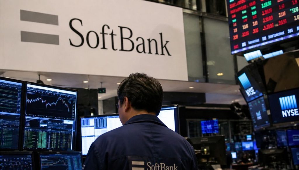 Operatore finanziario davanti a monitor di borsa in una sala di trading, con logo SoftBank e schermate di mercato sullo sfondo