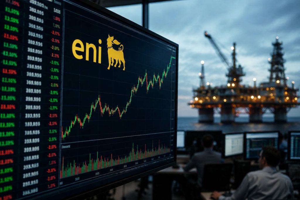 Monitor finanziario con grafico delle azioni Eni e, sullo sfondo, una piattaforma petrolifera offshore