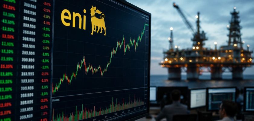 Monitor finanziario con grafico delle azioni Eni e, sullo sfondo, una piattaforma petrolifera offshore
