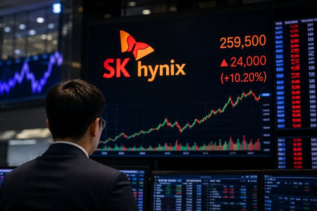 Un investitore osserva un grande monitor finanziario con il logo SK Hynix e il grafico del titolo in rialzo