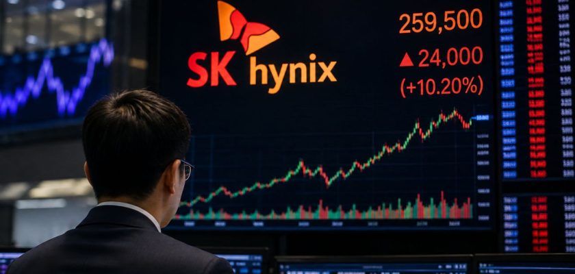 Un investitore osserva un grande monitor finanziario con il logo SK Hynix e il grafico del titolo in rialzo