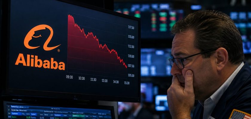 Trader osserva un grafico preoccupato, circondato da monitor finanziari con grafici di mercato in ribasso