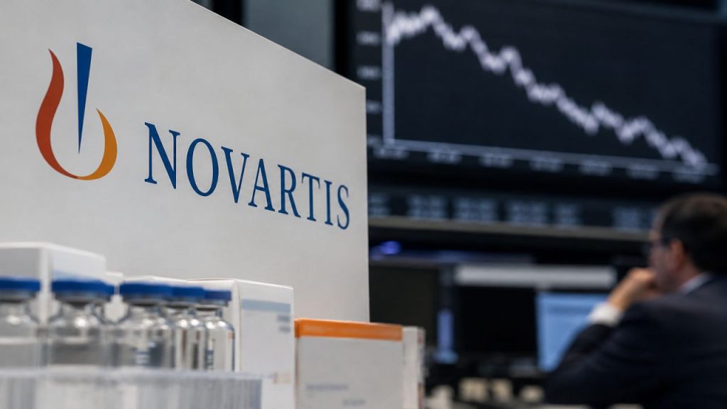 Logo Novartis in primo piano con farmaci, mentre sullo sfondo un uomo osserva un grafico finanziario in forte calo