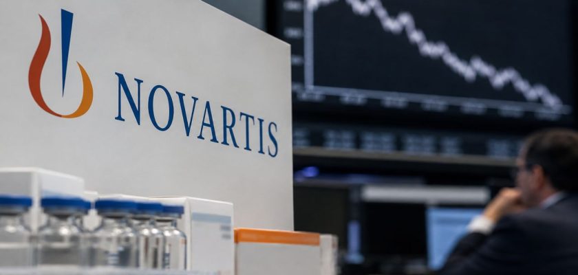 Logo Novartis in primo piano con farmaci, mentre sullo sfondo un uomo osserva un grafico finanziario in forte calo