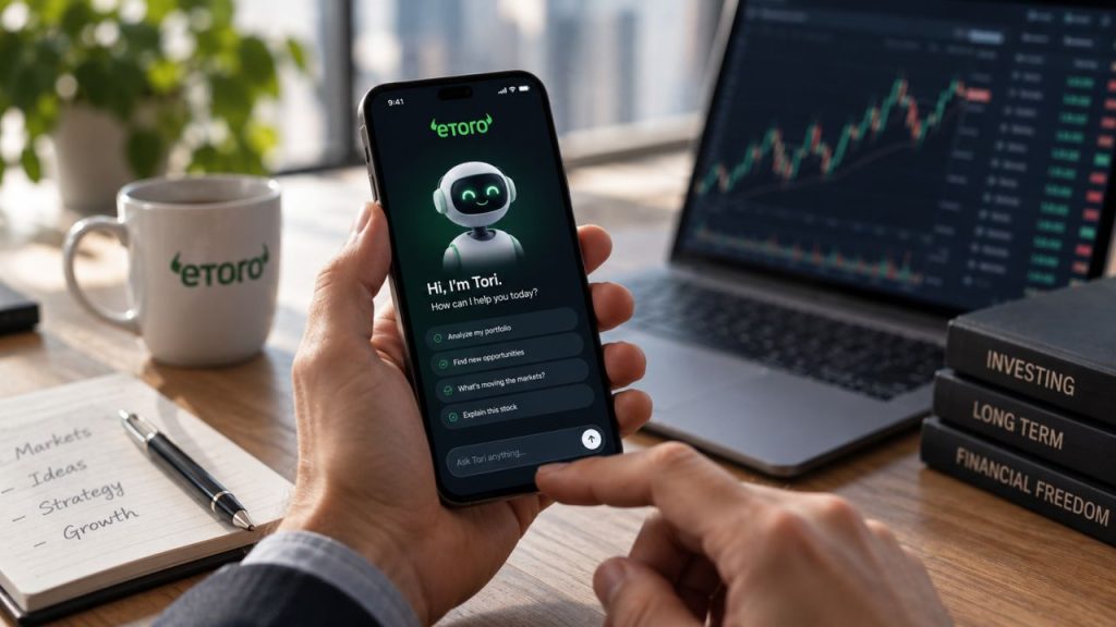 Mani che utilizzano Tori di eToro su smartphone, con grafici finanziari sullo sfondo