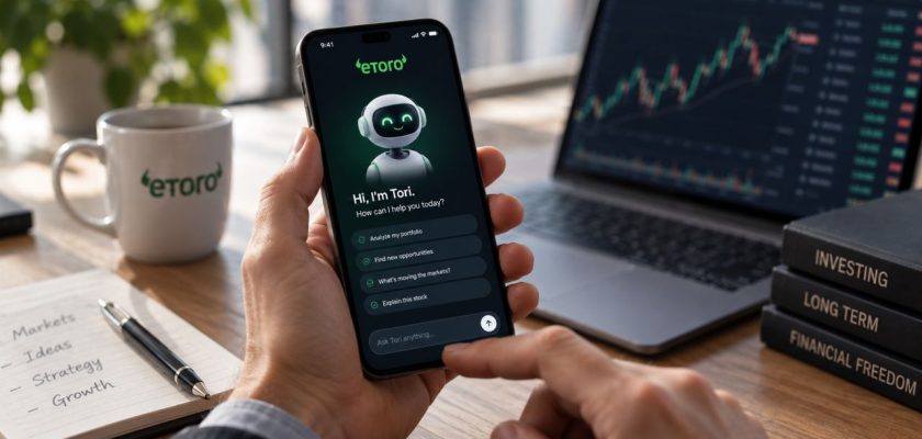 Mani che utilizzano Tori di eToro su smartphone, con grafici finanziari sullo sfondo