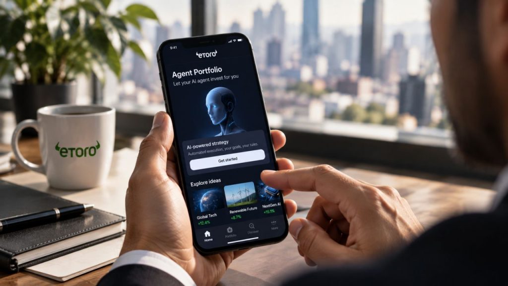 Investitore utilizza Agent Portfolio di eToro da smartphone, con funzioni AI e strategie di investimento automatizzate