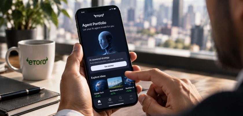 Investitore utilizza Agent Portfolio di eToro da smartphone, con funzioni AI e strategie di investimento automatizzate