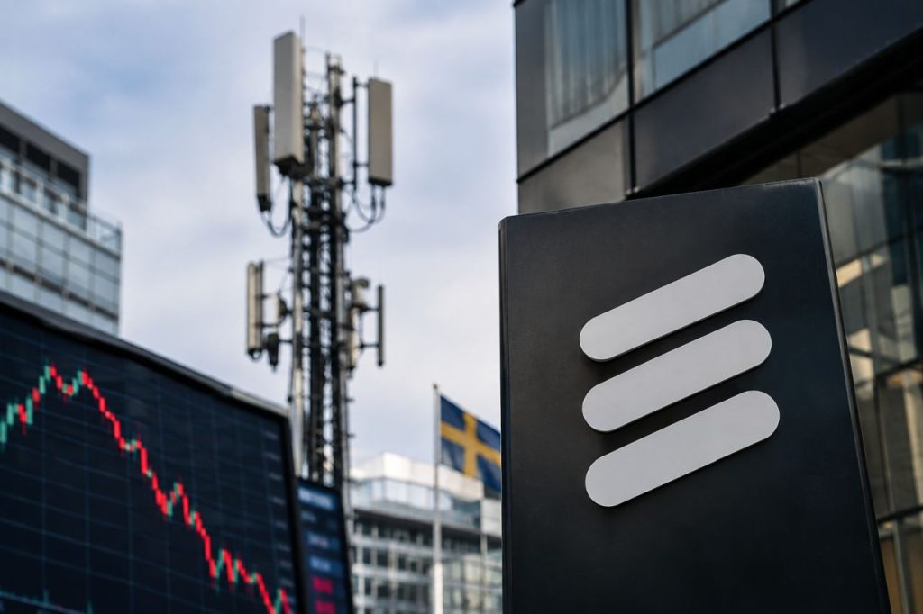 Logo Ericsson in primo piano, grafico azionario in calo, antenna per telecomunicazioni e bandiera svedese sullo sfondo