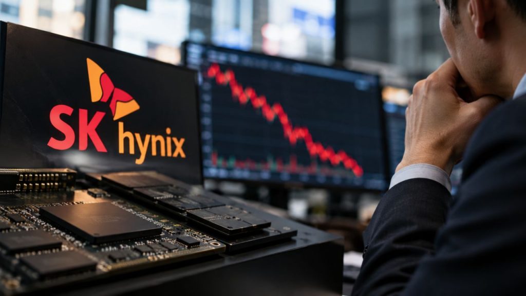 Schermata SK Hynix, microchip e grafico azionario in calo osservato da un investitore