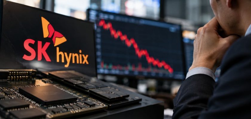 Schermata SK Hynix, microchip e grafico azionario in calo osservato da un investitore