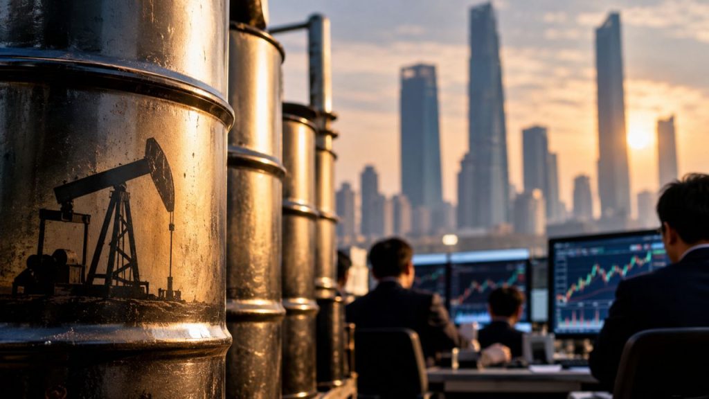Barili di petrolio in primo piano, trader davanti ai grafici finanziari e skyline urbano sullo sfondo