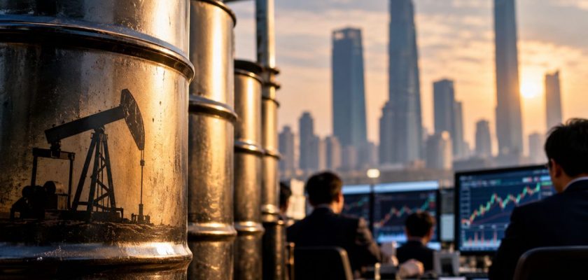 Barili di petrolio in primo piano, trader davanti ai grafici finanziari e skyline urbano sullo sfondo