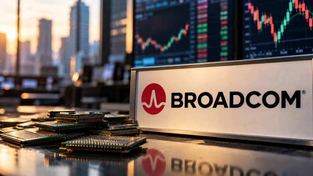Chip Broadcom in primo piano con logo aziendale e grafici finanziari sui monitor sullo sfondo