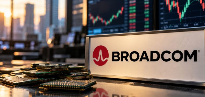 Chip Broadcom in primo piano con logo aziendale e grafici finanziari sui monitor sullo sfondo