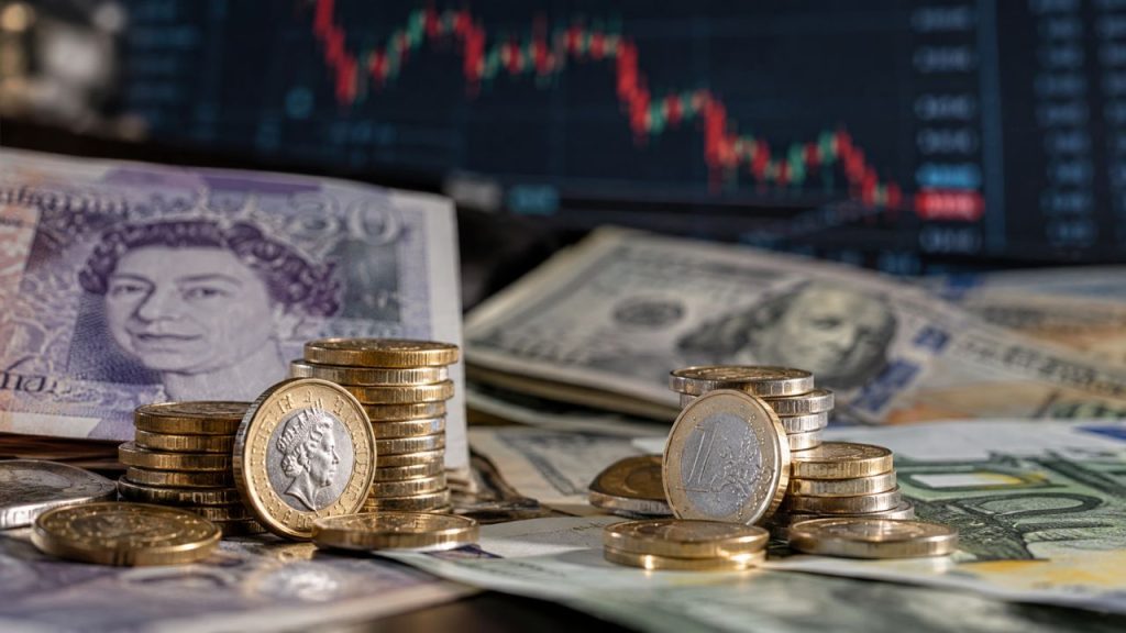 Banconote e monete in euro, sterline e dollari davanti a un monitor con grafico finanziario in calo