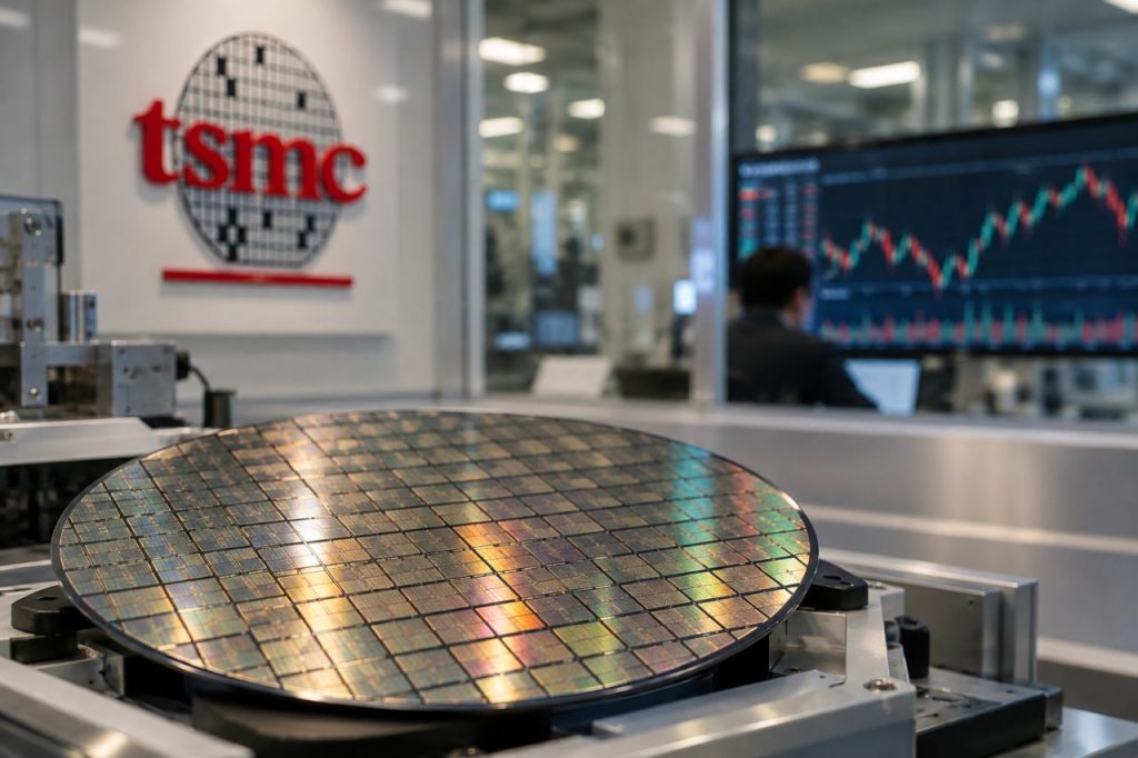 Wafer di semiconduttori in primo piano, logo TSMC sullo sfondo e analista davanti a un monitor con grafici finanziari